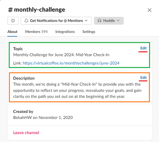 Edit channel's topic and description