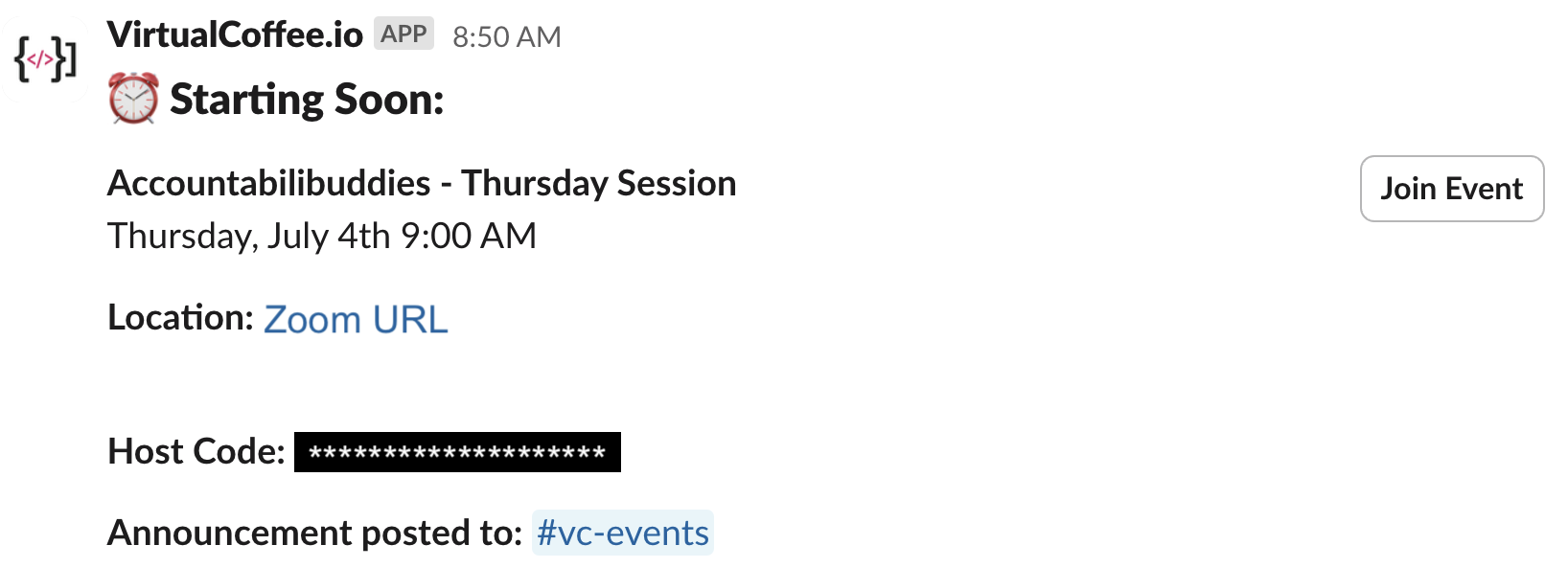 Post to the #vc-events-admin channel in Slack